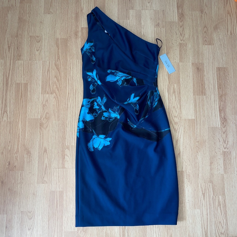 NWT Rickie Freeman Teri Jon One Shoulder Mid Navy and Teal Blue Fit Dress